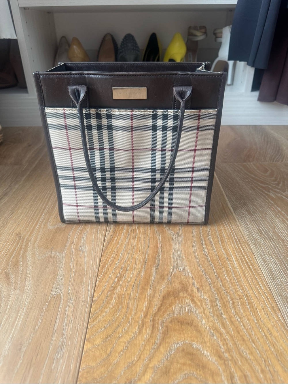 Burberry Beige Plaid Canvas Tote with Dark Brown Leather Trim